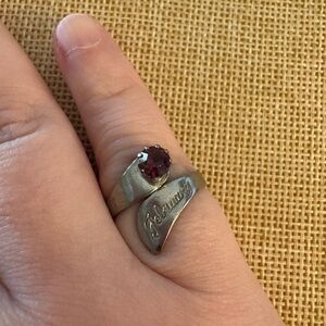 Vintage Silver Tone February Birthstone Ring Engraved Adjustable Amethyst